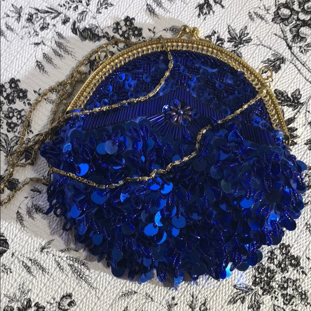 Royal blue sequined evening bag purse gold chain